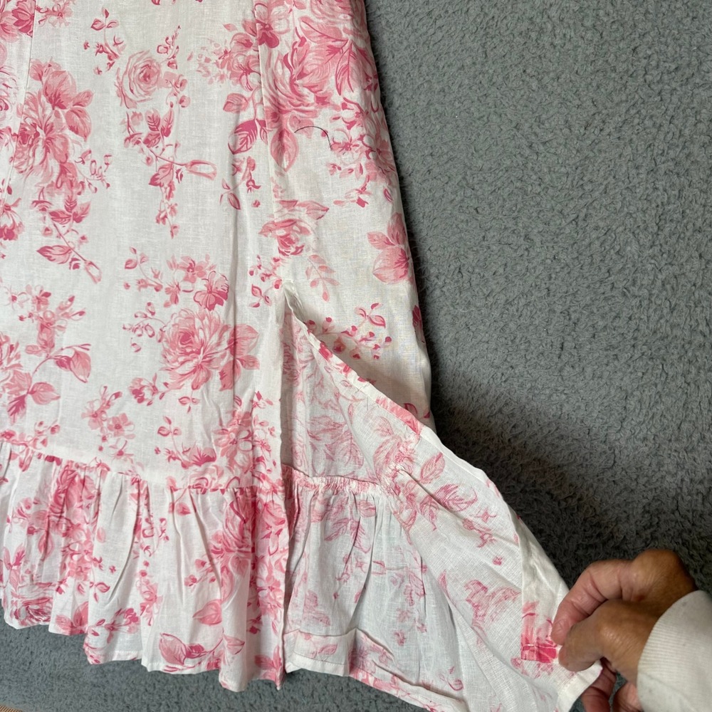 Pink Cottagecore Floral Toile Midi Dress Cotton Linen Puff Sleeve Smocked Back - Picture 5 of 7